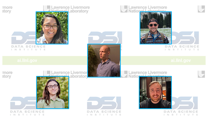portraits of the five panelists arranged on a repeating background of the DSI and LLNL logos