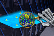 robot hand holding a magnifying glass over an artist's rendering of protein interactions