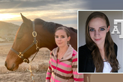 collage of Kelli's portrait and her standing in a pasture with a horse