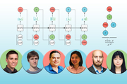 portraits of 6 team members beneath a neural network diagram
