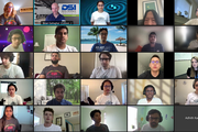 5x5 grid of students and mentors in video chat
