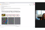 screen shot of Cindy in video chat next to a Jupyter Notebook interface showing a convolutional neural network