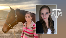 collage of Kelli's portrait and her standing in a pasture with a horse