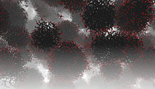 red, black, and gray particles forming a liquid
