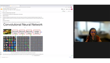 screen shot of Cindy in video chat next to a Jupyter Notebook interface showing a convolutional neural network