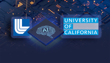 LLNL and UC logos flanking an AI graphic on a blue dotted background