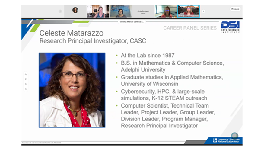slide showing Celeste's bio with video chat windows above