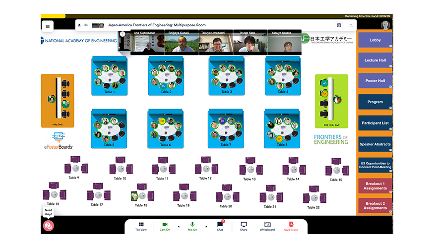screen shot of virtual conference environment with tables and people's headshots