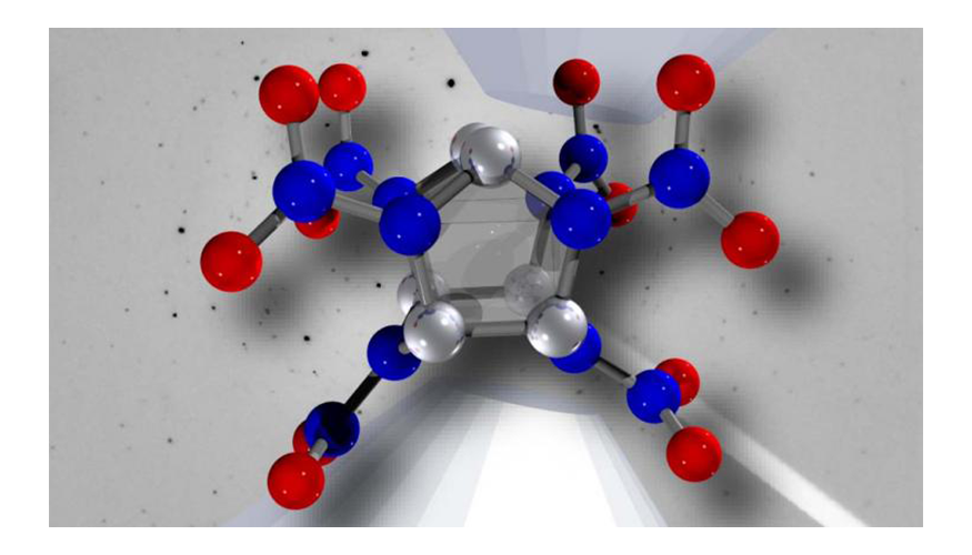 molecular structure in red, blue, and silver