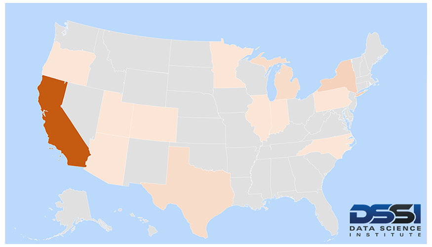 U.S. map with 13 states highlighted in various gradients of orange according to number of students in each