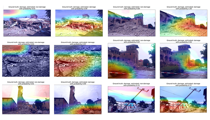 4x3 grid of earthquake aftermath photos of buildings highlighted in certain areas with rainbow colors