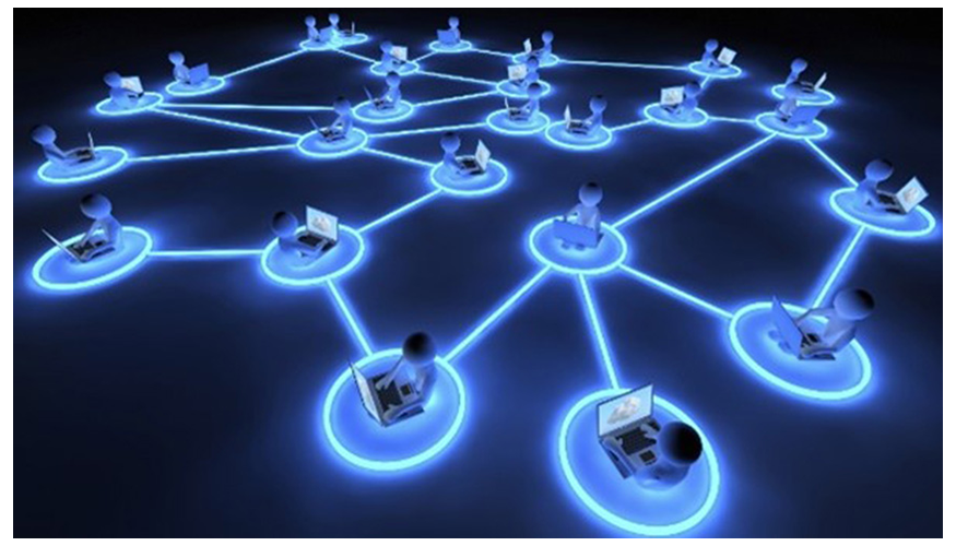 many individual cartoon users at computers connected by bright blue lines signifying a collaborative network