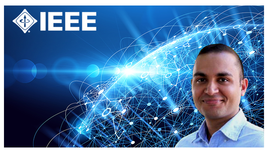 Bhavya’s portrait with the IEEE logo and a blue Earth background