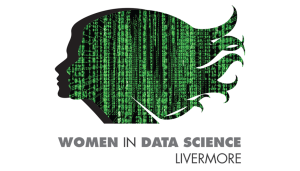 WiDS Livermore logo of green ones and zeros overlaid on silhouettes of faces in profile