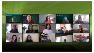 3x5 video chat screens on a green background