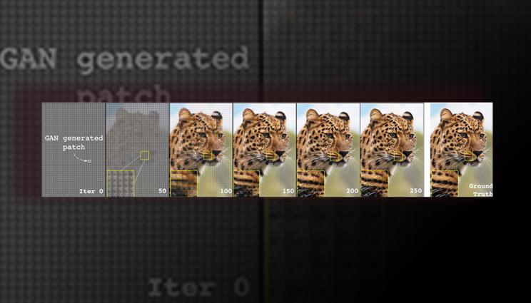 successive photos of a cheetah with a patch of the image generated by a machine learning algorithm