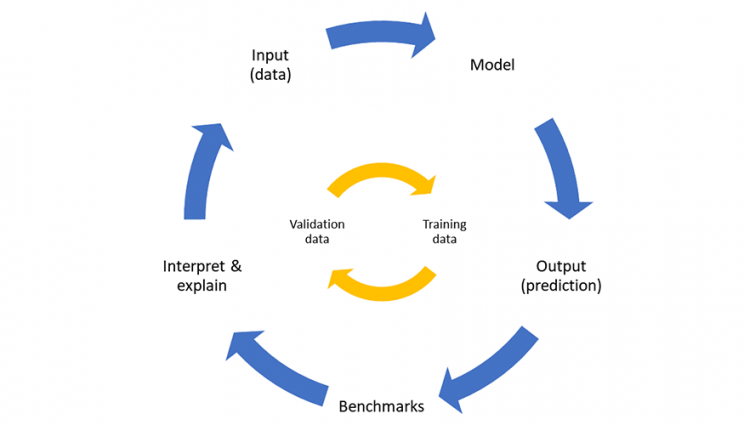 ML workflow lifecycle with the outer process showing input, model, output, benchmarks, and interpretation; the inner process shows validation data and training data.