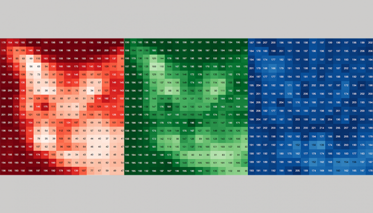 Cat photo broken down into three 17 x 17 grids of numbered pixel intensities shown in red, green, and blue