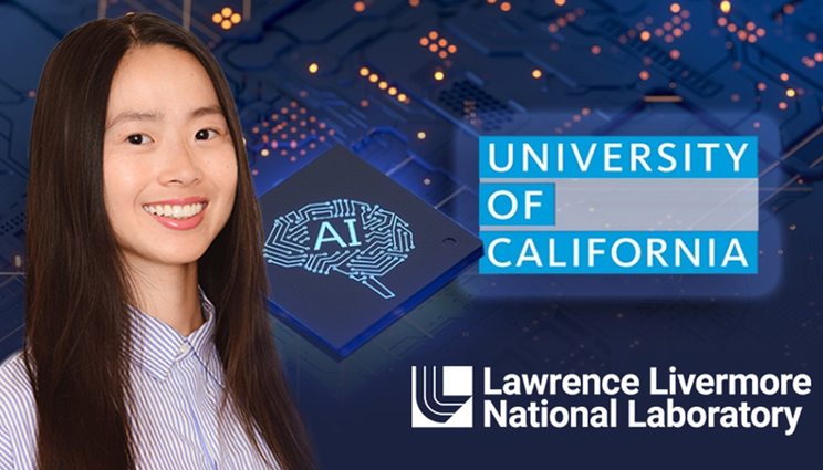 Grace's portrait with UC and LLNL logos on a circuit board background