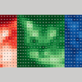Cat photo broken down into a grid of numbered pixel intensities shown in red, green, and blue