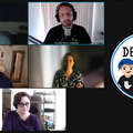 Five people in a video chat grid during the panel session, with Tim's chat window highlighted, next to the Dev Day logo