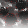 red, black, and gray particles forming a liquid